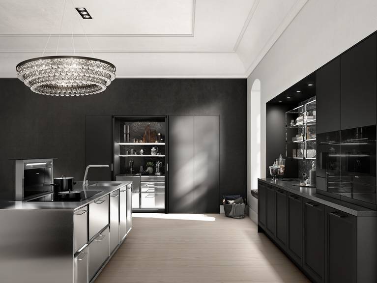 SieMatic Classic BeauxArts SE in black matte oak with integrated coffee and tea station in the wall