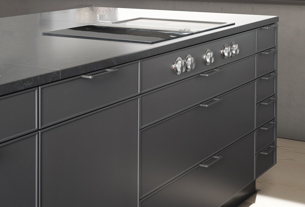SieMatic Pure SE 3003 R kitchen island in umbra matte lacquer with downdraft extractor