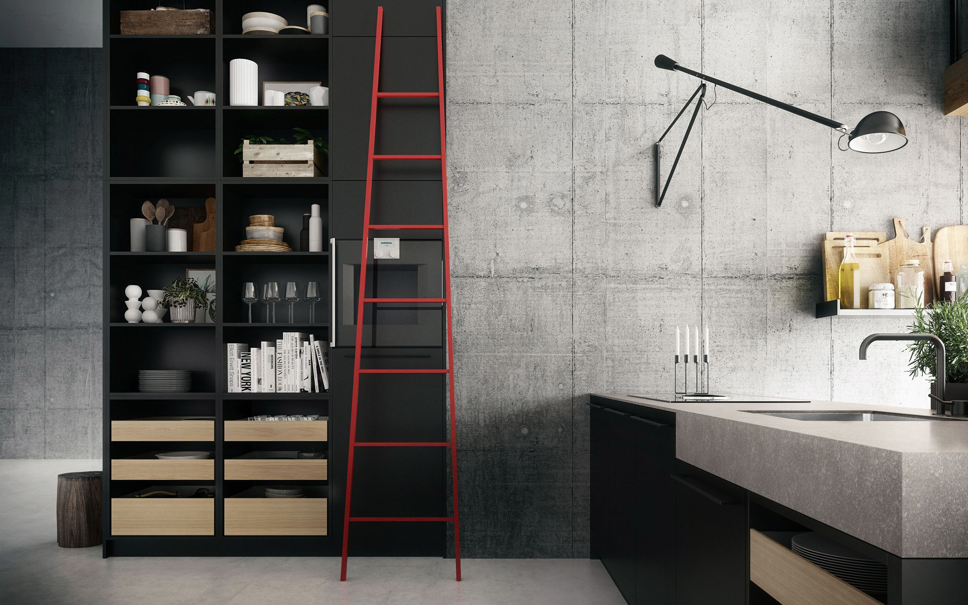 Room-dividing, ceiling-high SieMatic Urban SE shelves in graphite grey with integrated electric appliances to connect kitchen with living areas