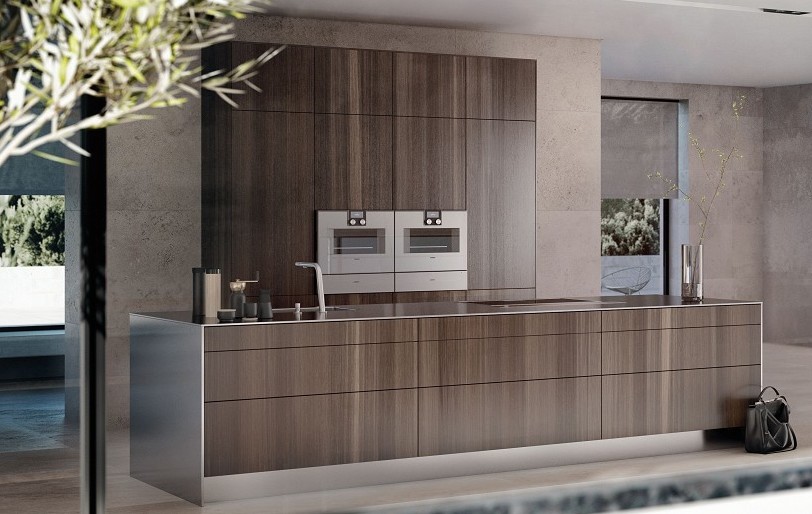 SieMatic Pure SE kitchen island in smoked oak veneer with countertop and side panels in 1 cm stainless steel