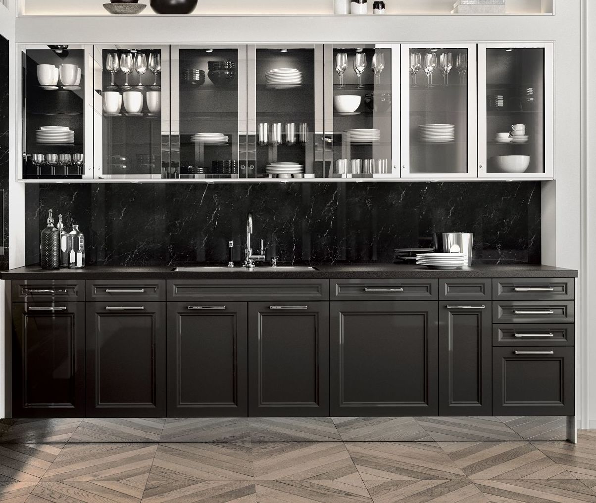 SieMatic Classic BeauxArts SE base cabinets in graphite grey and glass wall cabinets in polished nickel
