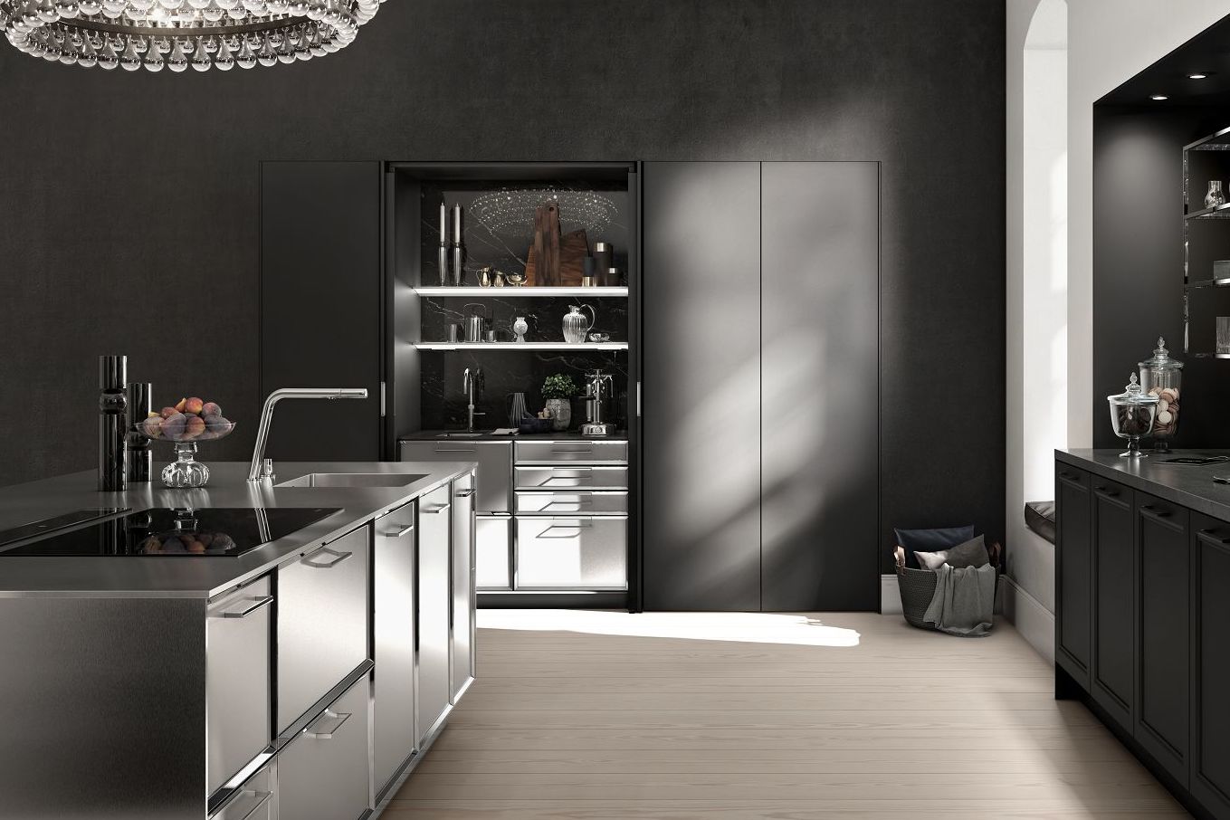 SieMatic Classic BeauxArts SE kitchen island with faceted door fronts and extensive stainless steel