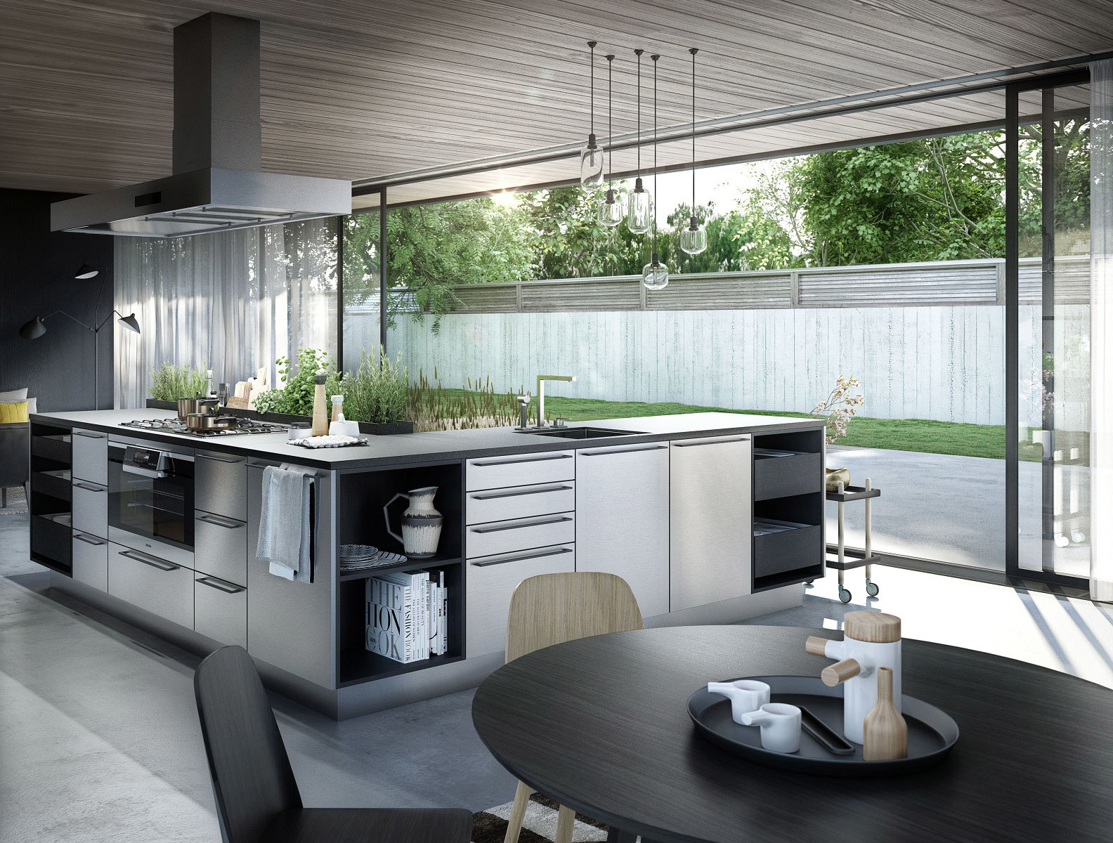 SieMatic Urban SE kitchen island in graphite oak and stainless steel with herb garden and breakfast bar