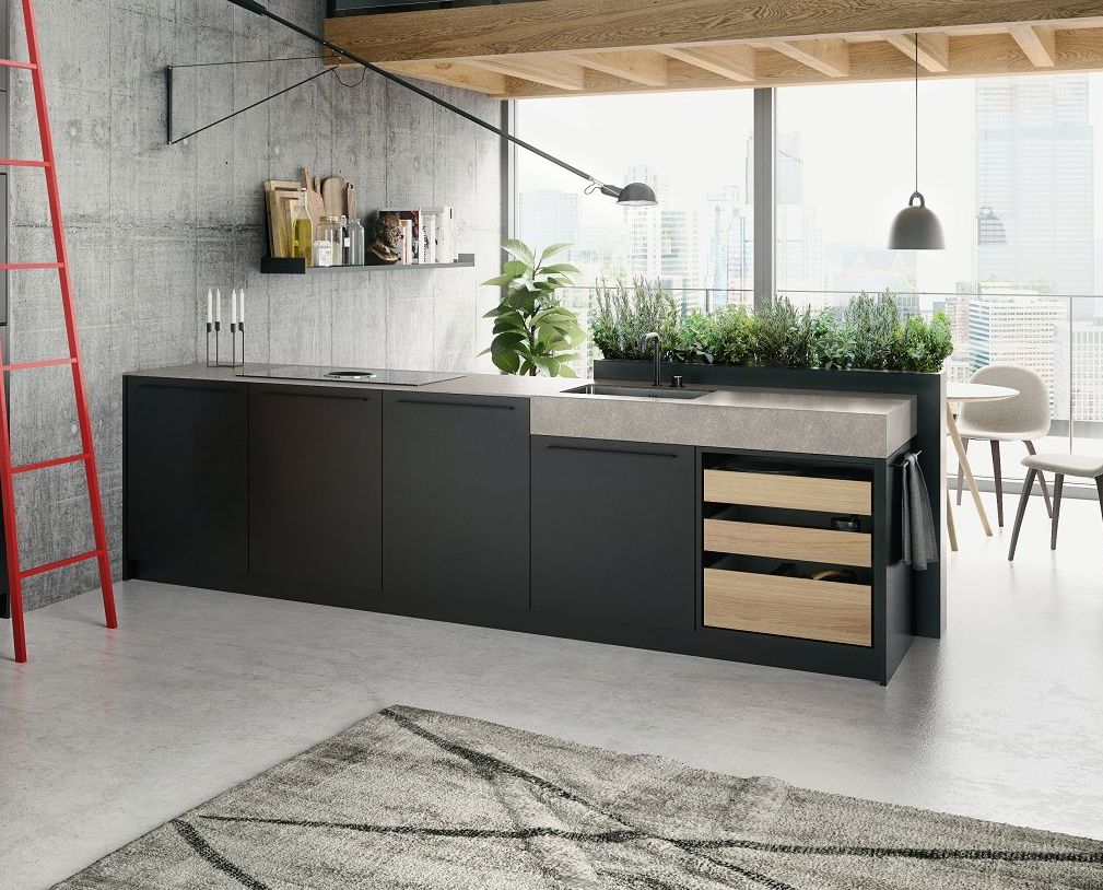 SieMatic Urban SE kitchen island in grey with open drawers in sand oak veneer and downdraft extractor