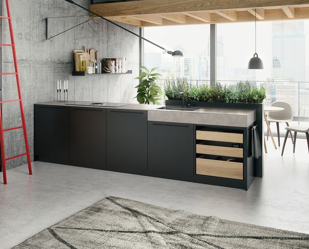 SieMatic Urban SE kitchen island in grey with open drawers in sand oak veneer and downdraft extractor