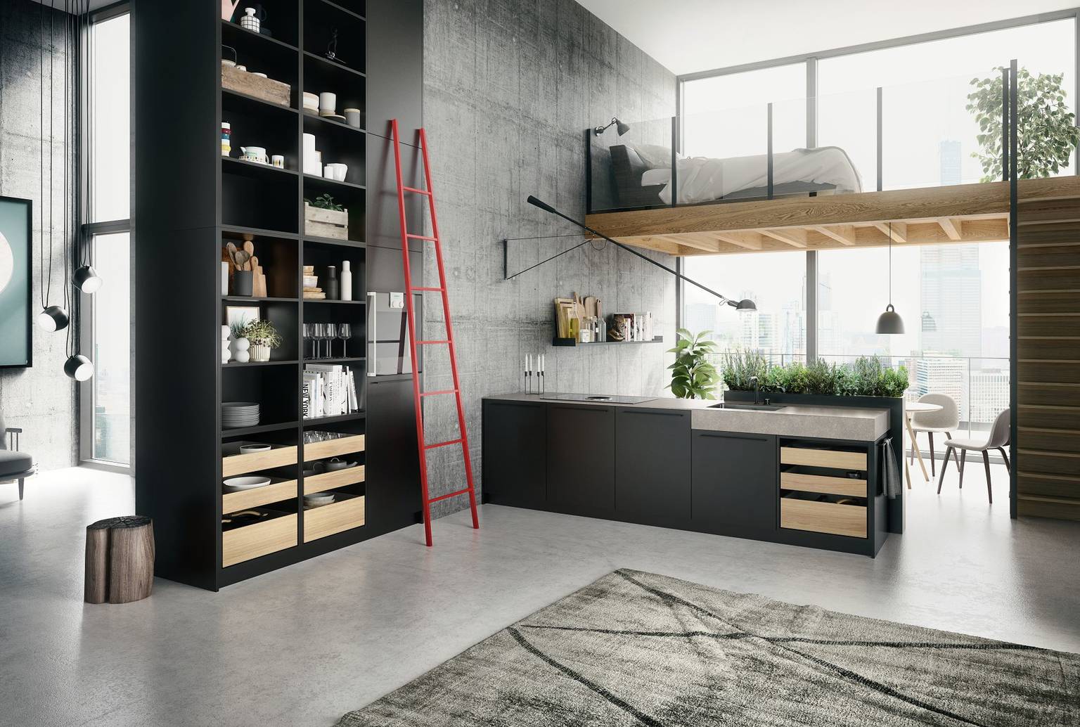 SieMatic Urban SE kitchen in graphite grey with floor-to-ceiling shelving, island and herb garden