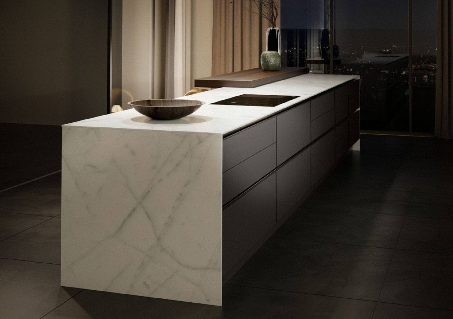 Spacious SieMatic Pure S2 SE kitchen island with 1 cm countertop and side panels in marble
