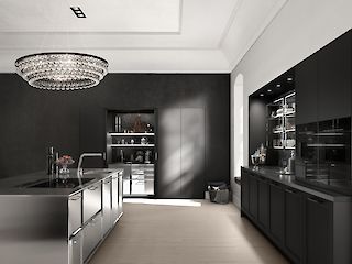black kitchen with white ceiling